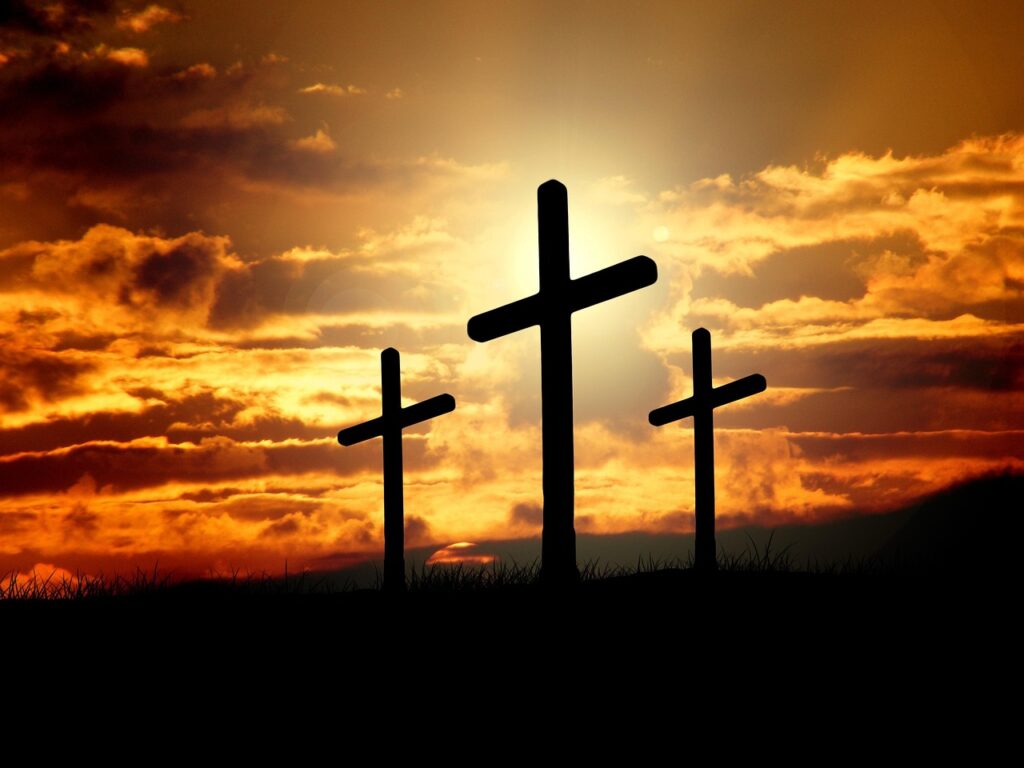 crosses, sunset, silhouettes, dusk, dawn, twilight, clouds, sky, sunrise, hill, crucifixion, resurrection, christianity, christ, nature, faith, god, jesus, easter, religion